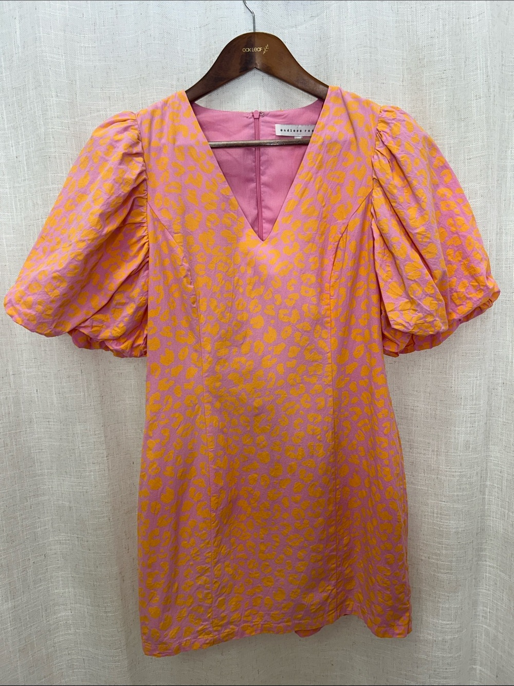 Endless Rose Pink & Orange Leopard Print Puff Sleeve V-Neck Dress Size Medium